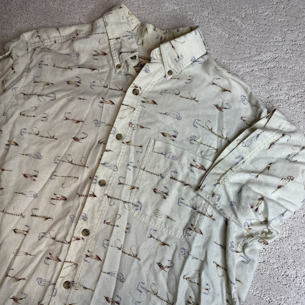 Men's Woolrich Large Short‎ Sleeve Fishin Lure Print Button Down Shirt Cotton